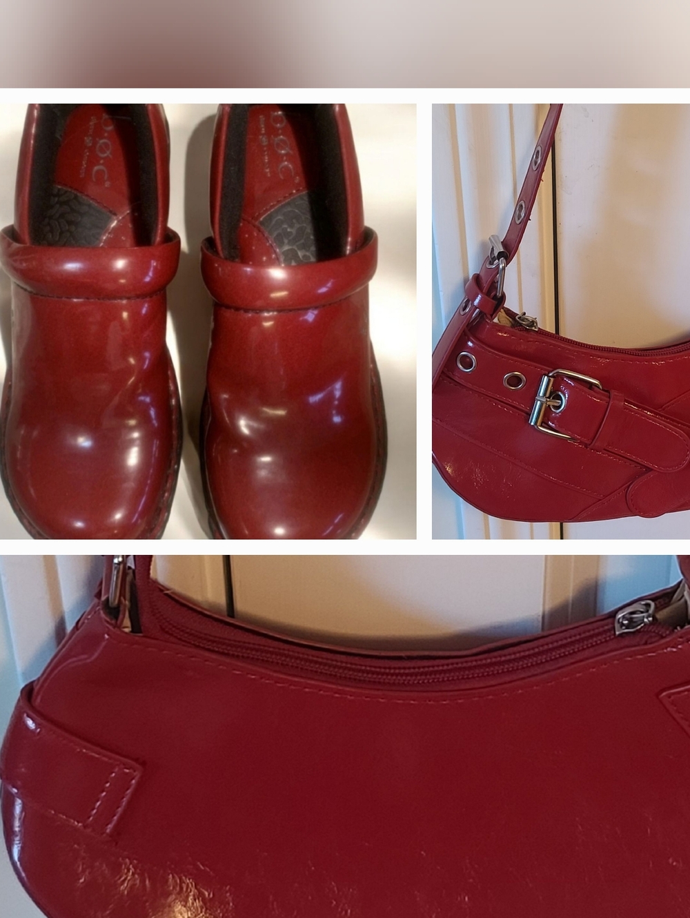BOC Born Concept Red Clogs Vegan Patent NURSE'S Shoes & matching Pocketbook